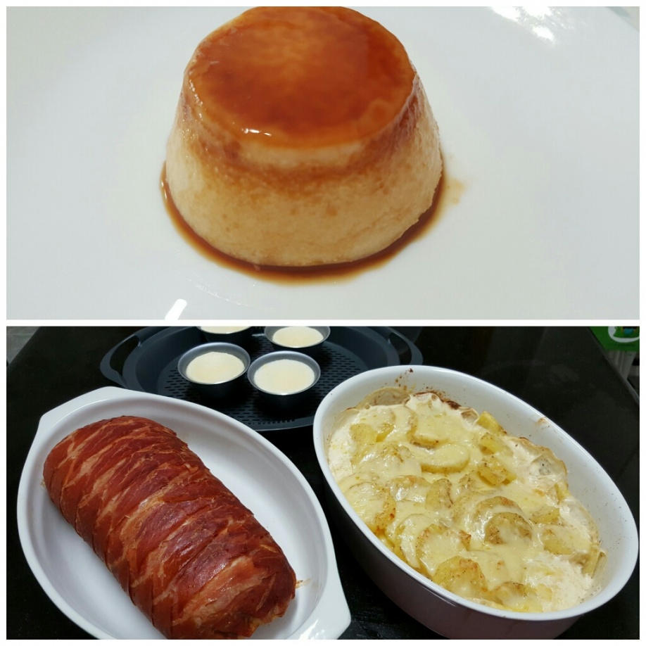 Menú completo: Rollo de carne con verduras y gratén de patatas, de postre flan