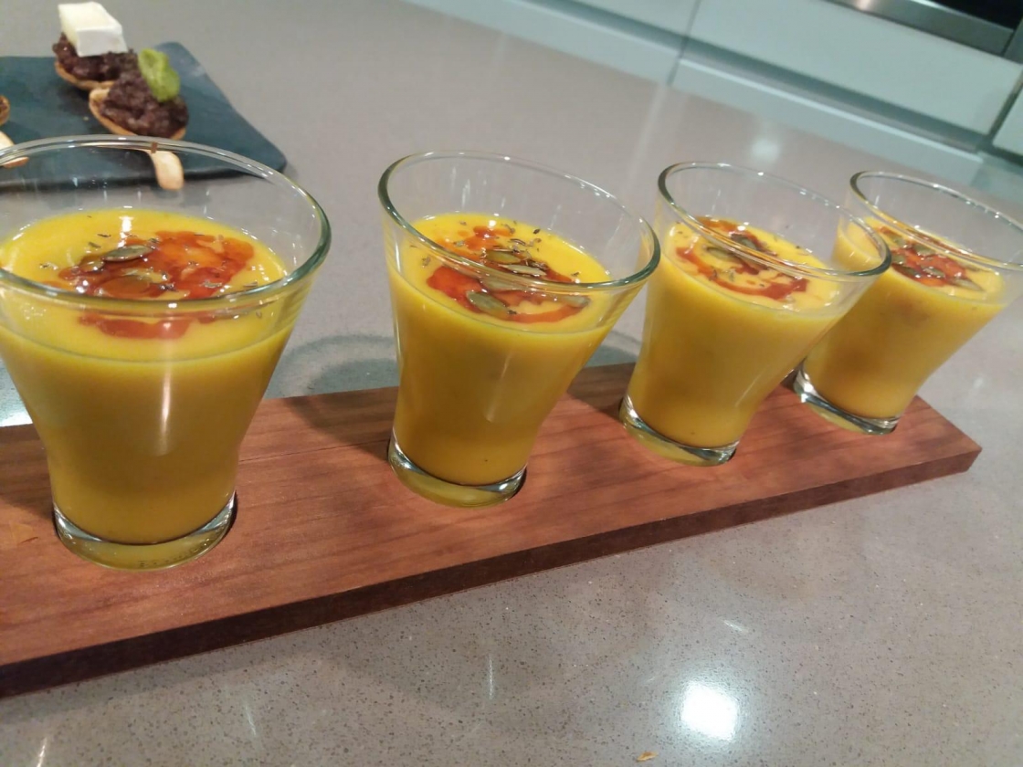 Crema de calabaza y gambones